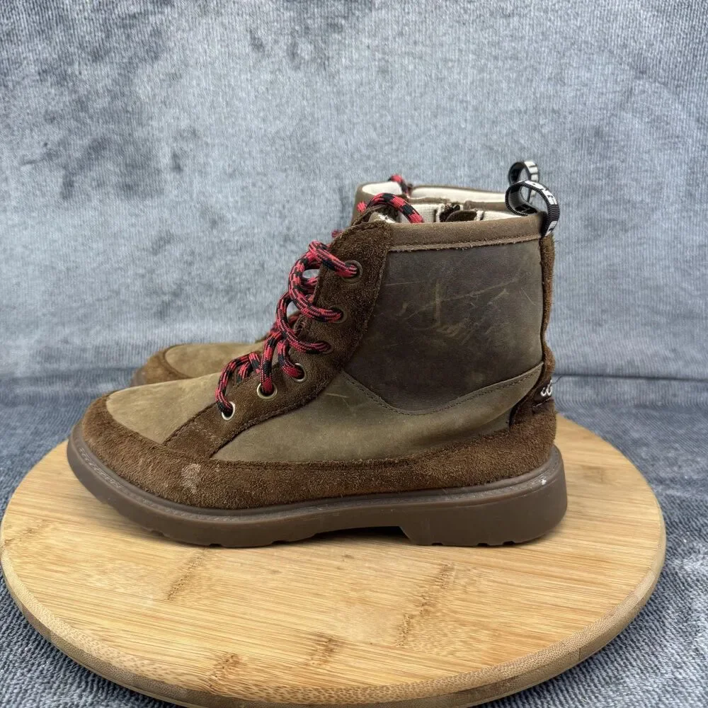 UGG Boots Youth Size 4 Brown Leather Suede Lace Up Side Zip Shearling Lined